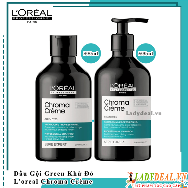 Gội Green L'oreal Chroma Crème Green - Khử Các Ánh Sắc Đỏ 300ml - 500ml